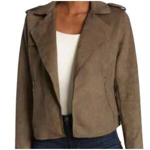 T TAHARI OLIVE GREEN FAUX SUEDE MOTO JACKET SZ.M EUC.